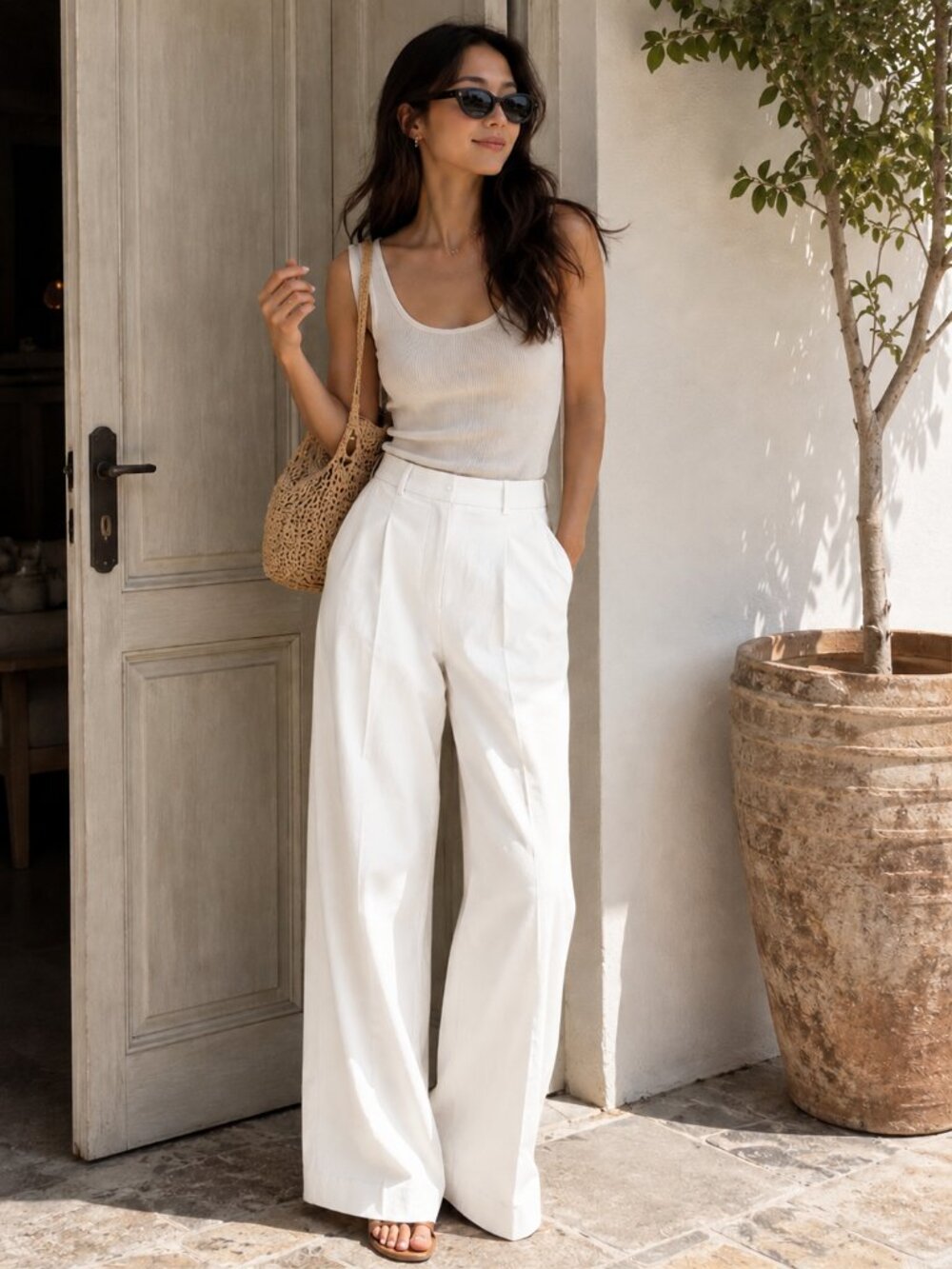 White Pleated Wide Leg Trouser Pants Size 24 Stylish Chic NEW